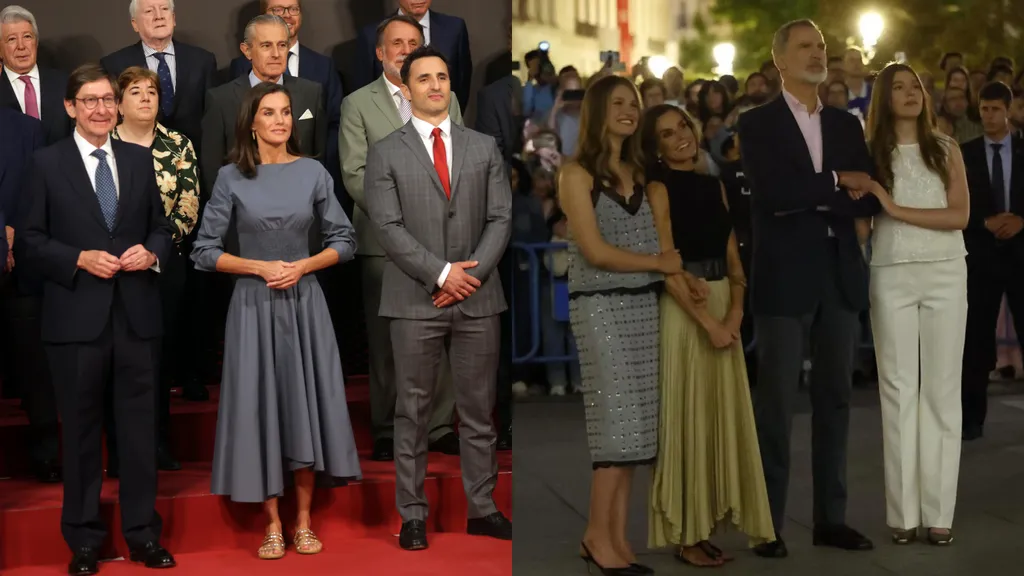 La reina Letizia, en un montaje de fotos con dos looks diferentes